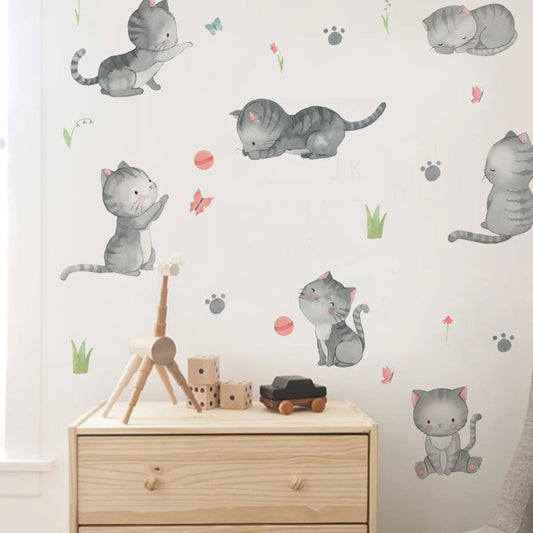 Watercolor Cartoon Cat Wall Stickers Girl Bedroom Background Nursery Home Decor Decorations Kids Room Wall Decal