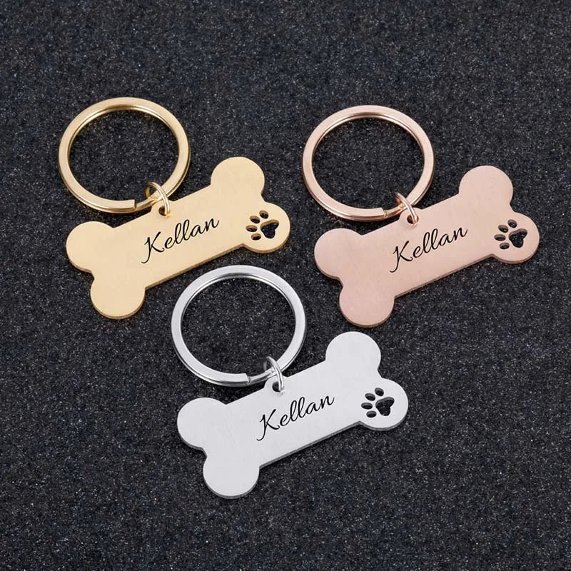 Personalized Dog Cat ID Tag Anti-lost Stainless Steel Pet Necklace Free Engraving Bone Shape Pendant Keyring Pet Accessories