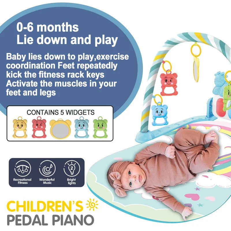 Baby Fitness Stand Music Play Gym with Piano, Crawling Blanket, and Pedal Game Pad for Early Education