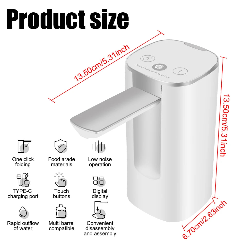 Water Bottle Dispenser Pump Touch Control Button Dispenser Fingerprint Electric Water Absorber Smart Display Folding