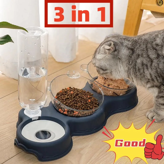 Pet Cat Bowl Automatic Feeder 3-in-1 Dog Cat Food Bowl With Water Fountain Double Bowl Drinking Raised Stand Dish Bowls For Cats