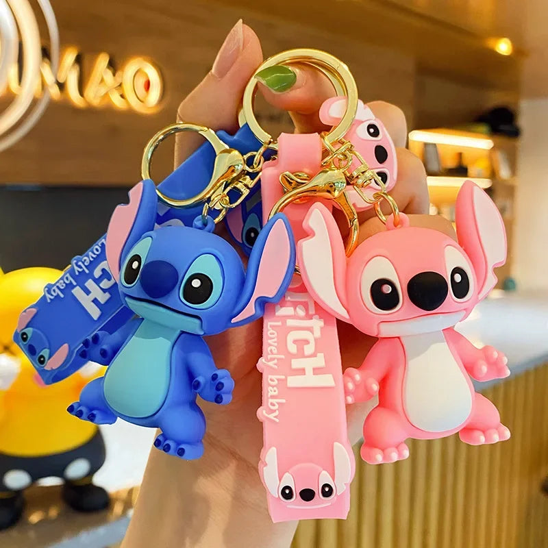 Anime Disney Keychain Kawaii Cartoon Lilo & Stitch Angie Cute Doll Keyring Ornament Key Chain Car Pendant Decorate Kids Gifts